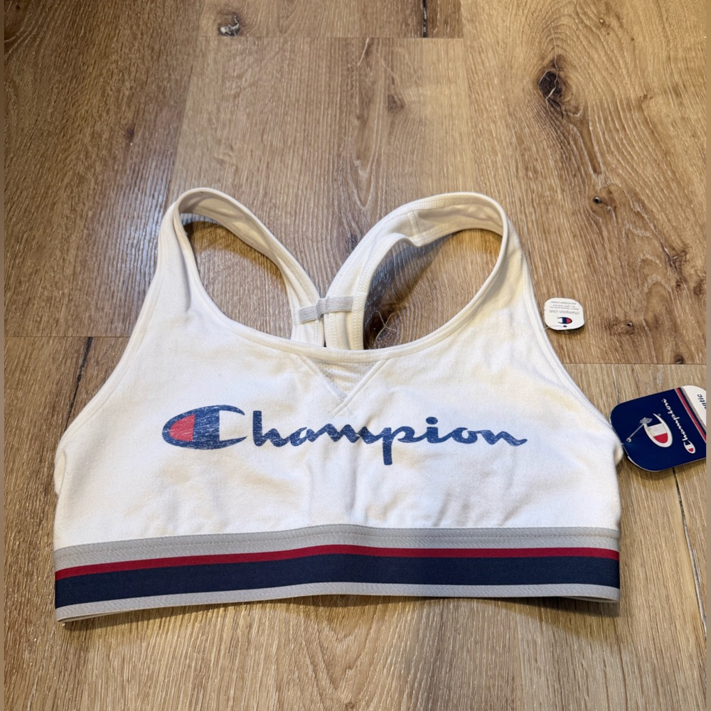 Champion Cream Sports Bra with Red and Blue Accents